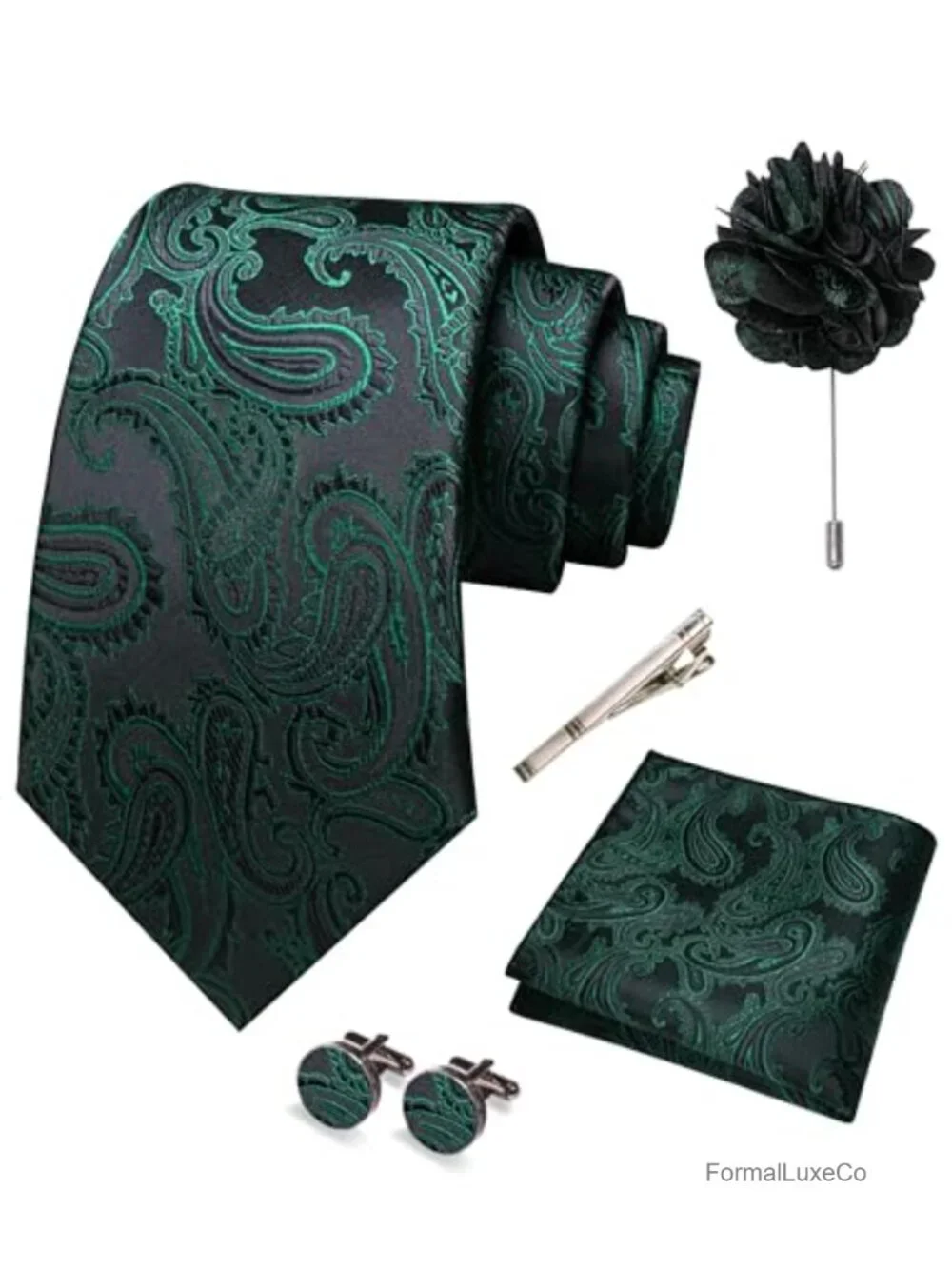 Men's Paisley Silk Blend Tie Set with Pocket Square, Cufflinks, Lapel Pin, Tie